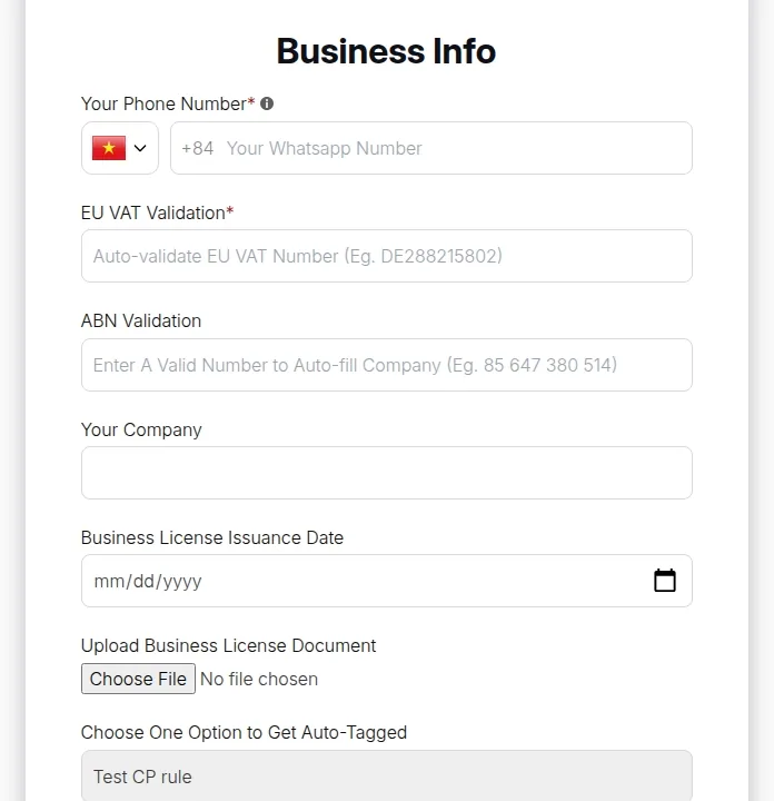 Animation: a wholesale buyer fills in phone, EU VAT number (validated), company, name, email and password on the registration page